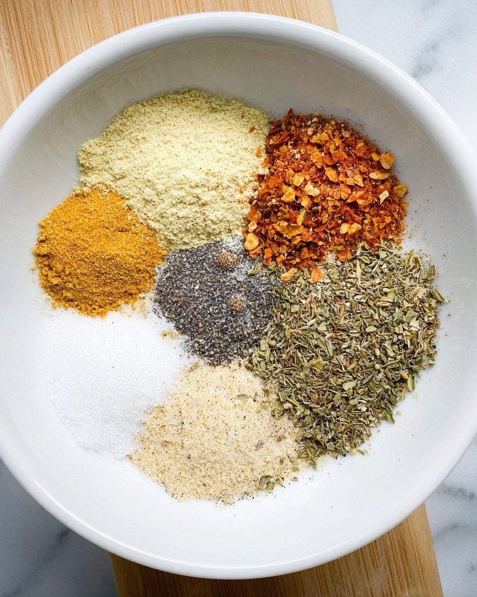 In a white bowl, six piles of different spices are arranged in a circle, each with distinct colors and textures. Starting from the top left, there is a pale yellow powder, next to a dark grey spice with small herb pieces, followed by a reddish-orange mix of dried small chunks. Below that is a white and slightly coarse salt mixed with some black pepper flakes, then a light cream powder, and finally a green dried herb mix with tiny leaves. The bowl sits on a white marbled surface. photo taken with an iphone --ar 4:5 --v 7