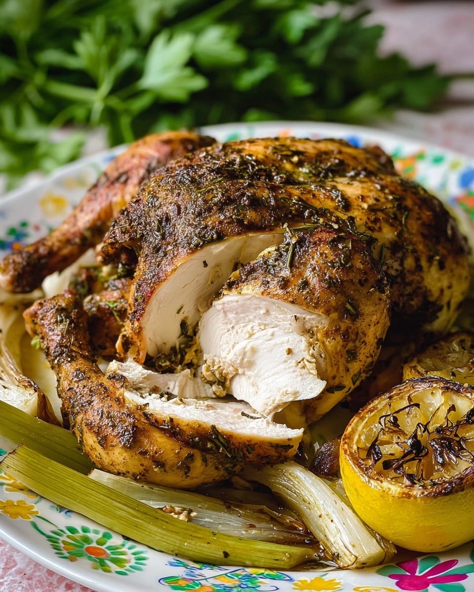 A roasted whole chicken with a brown, herb-coated skin is sliced to show juicy white meat inside. The chicken sits on a white plate decorated with colorful floral patterns, surrounded by cooked green celery sticks and roasted onions. A charred half lemon is placed beside the chicken, and fresh green parsley rests in the background. The white marbled texture surface supports the plate. photo taken with an iphone --ar 4:5 --v 7