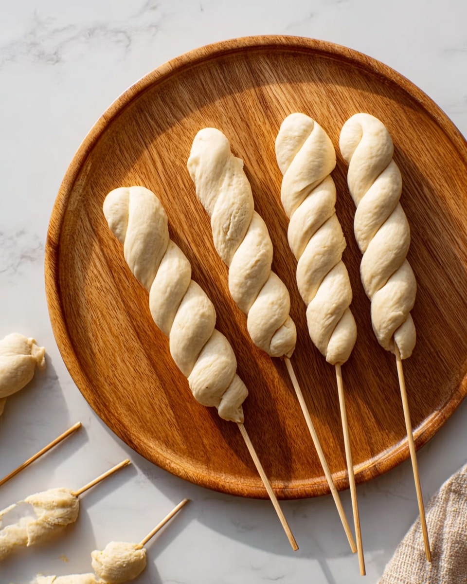 Five dough pieces twisted around wooden skewers are placed on a round wooden tray with a warm brown color and visible grain texture. The dough is light beige and looks soft and smooth, with slight twists giving each piece a spiral texture from top to bottom. Some small loose dough pieces and empty wooden skewers lie scattered on the white marbled surface around the tray. The lighting is natural, showing soft shadows and highlighting the texture of the dough and wood. Photo taken with an iphone --ar 4:5 --v 7