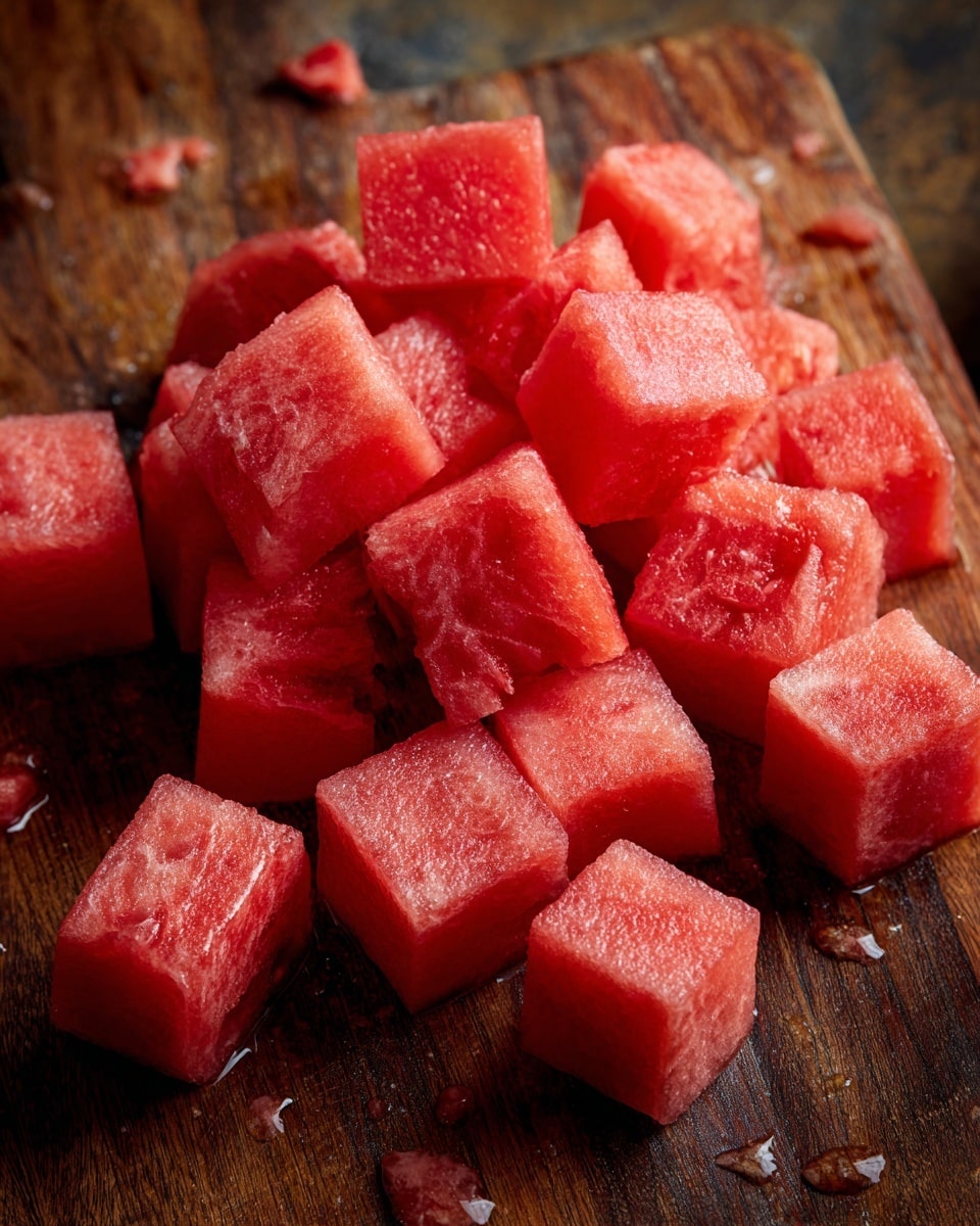 Small red watermelon cubes lay scattered on a dark wooden cutting board. The cubes vary slightly in size but each has clean, sharp edges and a moist, juicy texture. The wood beneath is smooth with natural grain showing, and there are small wet spots around the watermelon pieces, indicating freshness. The scene has a simple, fresh look with a focus on the bright red of the fruit against the deep brown of the cutting board. photo taken with an iphone --ar 4:5 --v 7