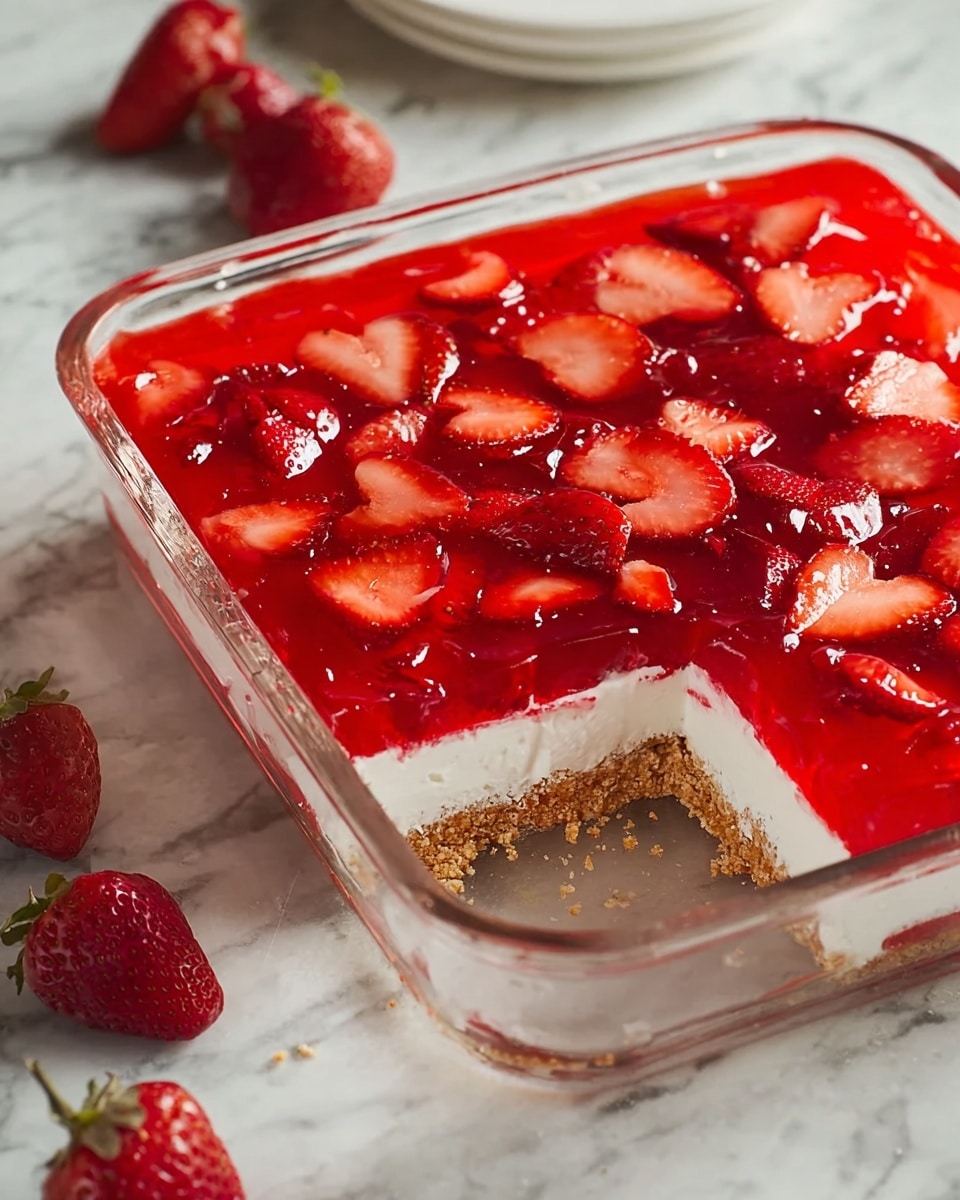 The image shows a square glass dish with three visible layers of dessert. The bottom layer is a crumbly, golden-brown crust. Above that is a thick, white creamy layer. The top layer consists of a clear red gelatin with sliced fresh strawberries spread evenly on the surface. Some strawberry slices are heart-shaped and the gelatin has a shiny, smooth texture. A piece is missing from the bottom right corner of the dish, revealing the layers inside. The dish is placed on a white marbled surface with whole strawberries scattered around it. Photo taken with an iphone --ar 4:5 --v 7