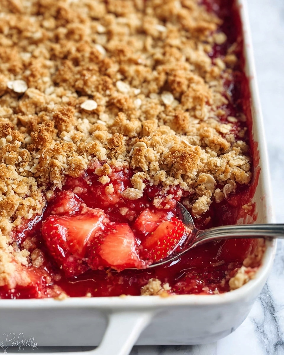 A white baking dish filled with a strawberry crumble dessert. The bottom layer is made up of bright red, juicy cooked strawberries with some whole slices visible, covered by a textured, golden brown oat crumble topping sprinkled evenly across the surface. A silver spoon rests inside the dish, scooping some crumble with the strawberry filling, showing the contrast between the soft fruit and crumbly top. The dish is placed on a white marbled surface. photo taken with an iphone --ar 4:5 --v 7