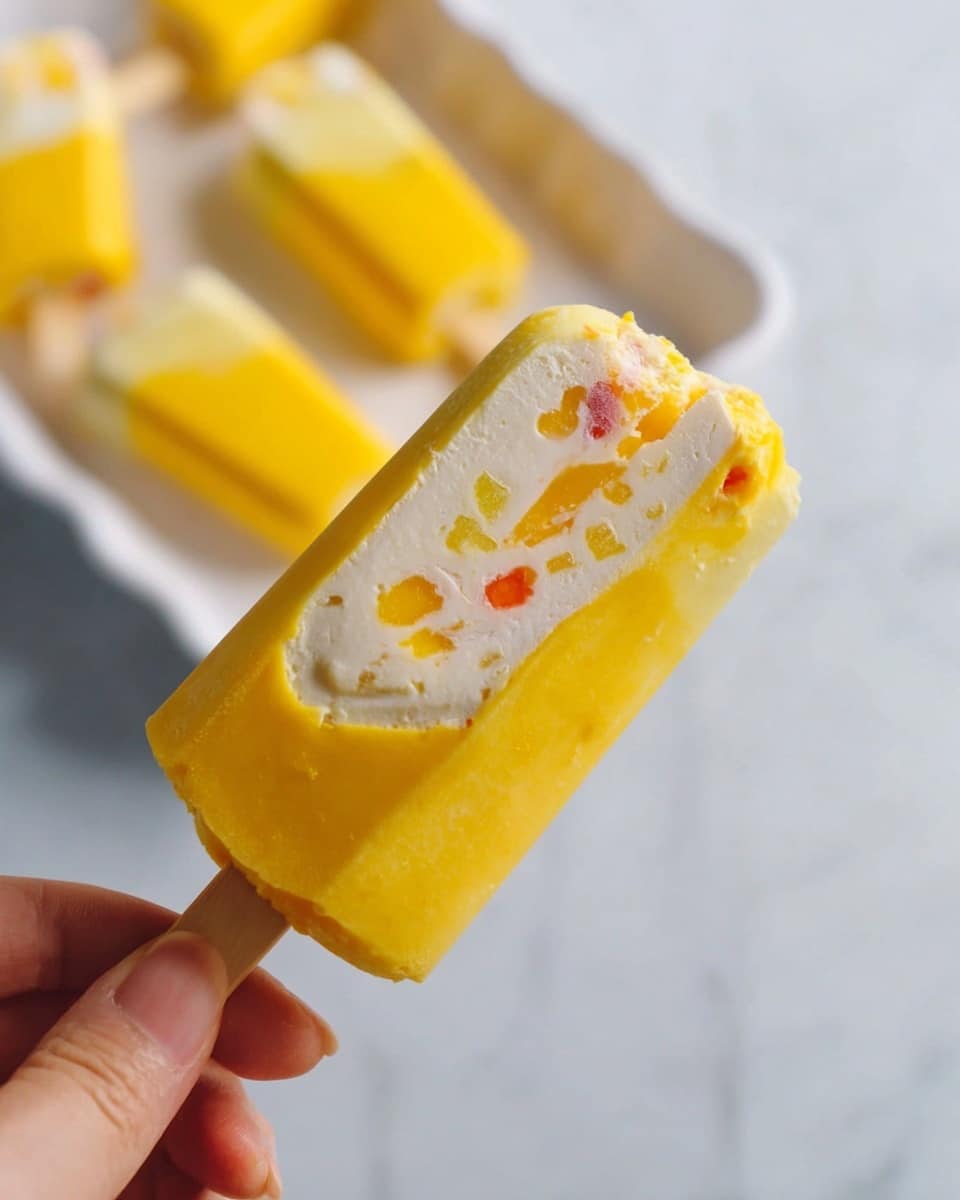 A close-up of a mango popsicle held by a woman's hand, showing two layers: a bright yellow outer layer with a smooth, frozen texture, and a creamy white inner filling embedded with small colorful fruit pieces in orange, yellow, and red hues. In the blurry background, there is a white dish with more popsicles on a white marbled surface. Photo taken with an iphone --ar 4:5 --v 7