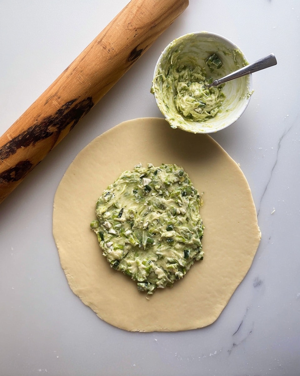 A thin, round layer of light beige dough lies flat on a white marbled surface. In the center of the dough is a mound of creamy green filling with flecks of darker green and small white chunks, giving it a textured look. To the top right, a small white bowl holds more of the same green filling, smeared along the inside edges with a silver spoon resting in it. A large wooden rolling pin with dark knots and a smooth surface lies diagonally from the upper left corner toward the center of the image. The scene is simple and clean, showing the preparation stage of a filled dough recipe. photo taken with an iphone --ar 4:5 --v 7