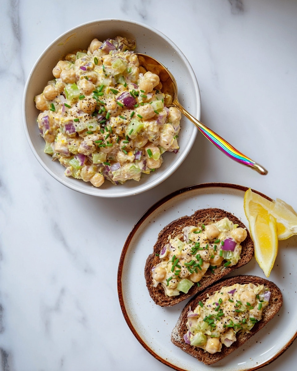 A white bowl filled with a chunky chickpea salad mixture showing three main layers: creamy pale yellow chickpeas, small chopped light green celery pieces, and bits of purple-red onion mixed throughout; a gold spoon with a rainbow-shaped handle rests inside. Below, on a white plate with a thin brown rim, two thick slices of dark brown bread are topped with the same chickpea salad spread, garnished with black pepper and chopped green onions. Two lemon wedges sit on the plate near the bread. The whole scene is on a white marbled surface. photo taken with an iphone --ar 4:5 --v 7