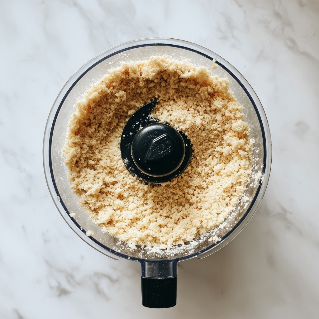 A clear round food processor bowl filled with a light beige crumbly mixture, packed evenly with a small indentation in the center. The processor has a black handle with white text
