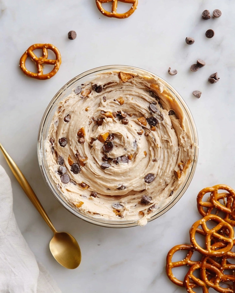 A clear glass bowl sits in the center on a white marbled surface, filled with one creamy, swirled layer of light beige dough mixed with dark brown chocolate chips and small pieces of golden pretzels. Around the bowl, there are a few twisted golden pretzels and scattered chocolate chips on the white marbled surface. A shiny golden spoon is placed to the bottom right of the bowl, and a white cloth is slightly visible on the left side. photo taken with an iphone --ar 4:5 --v 7