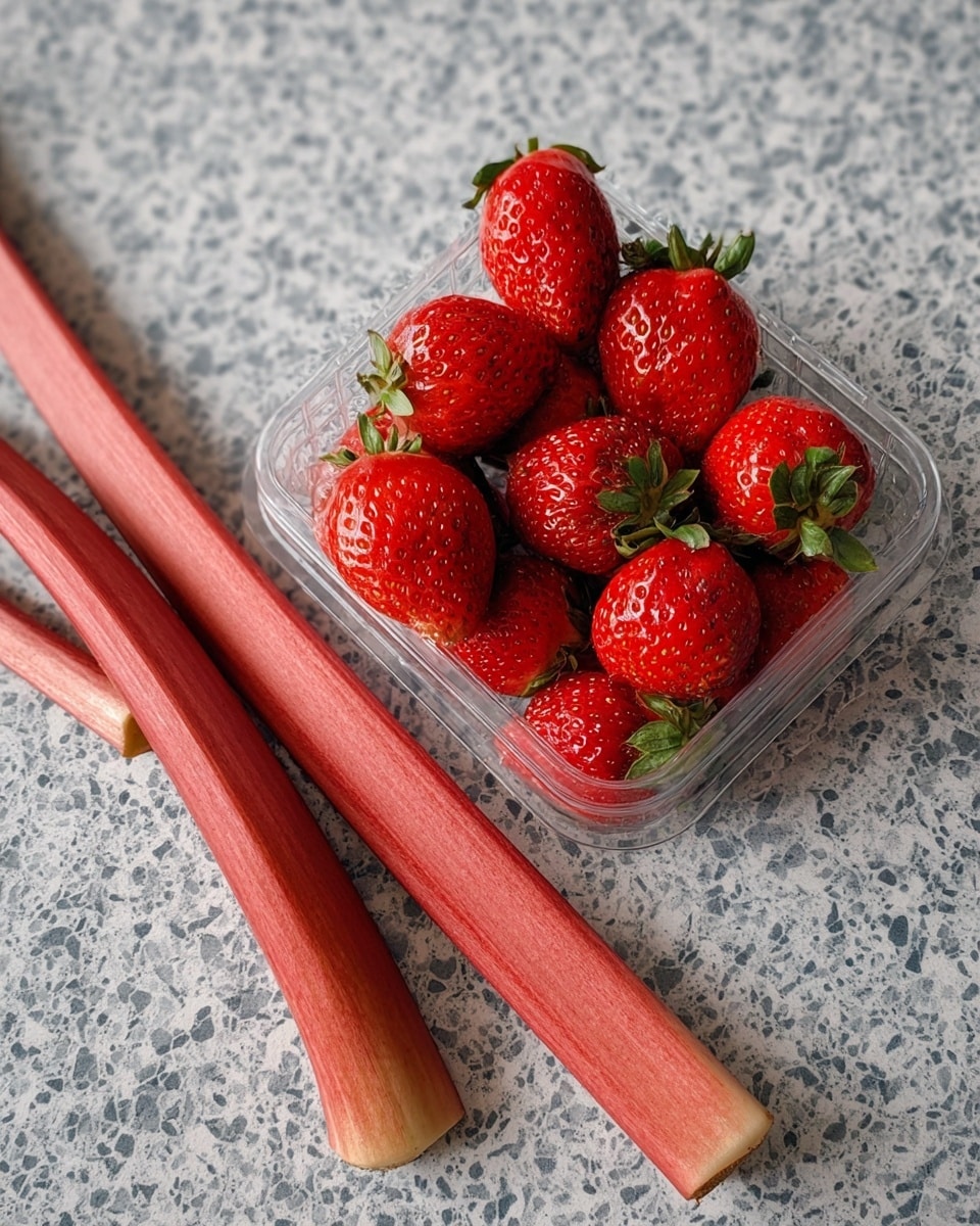 A clear plastic container full of bright red strawberries with green leaves is placed on a speckled grey surface next to two long pinkish-red rhubarb stalks. The strawberries are plump and shiny, showing their seeds and smooth texture clearly. The rhubarb stalks are smooth with some lighter and darker shading, and they are lying diagonally beside the container. The background is a white marbled texture. photo taken with an iphone --ar 4:5 --v 7