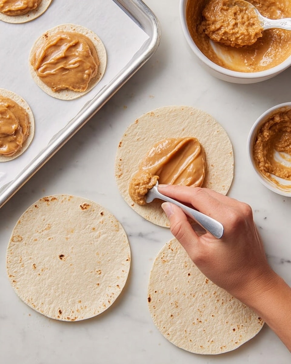 The image shows a close-up of a woman's hand spreading a thick, light brown sauce with a smooth texture onto a small round tortilla. There are several tortillas ready on a white marbled surface, with some sauce placed nearby. In the top left corner, a silver tray lined with white parchment paper holds dollops of the same sauce, and a spoon rests on the tray. The scene is simple and clean with neutral tones. Photo taken with an iphone --ar 4:5 --v 7
