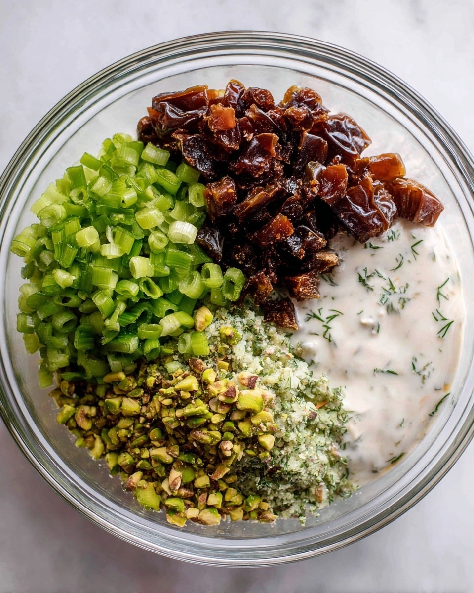 A clear glass bowl sits on a white marbled surface holding four distinct layers arranged side by side. The first layer shows small chopped dark brown dates with a glossy texture. Next to it is a bright green layer of finely sliced scallions with a fresh and crunchy look. Below the dates is a rough chopped light green pistachio layer with a crumbly texture. The last layer is creamy white with green herb specks mixed in, creating a smooth and thick sauce. photo taken with an iphone --ar 4:5 --v 7