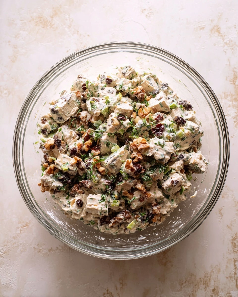 A clear glass bowl filled with a mixed salad showing about four main layers: creamy white dressing coating small light beige chunks, mixed with dark brown dry pieces scattered throughout, and small bright green bits of herbs and vegetables spread evenly all over. The bowl sits on a white marbled surface with a soft textured background. Photo taken with an iphone --ar 4:5 --v 7