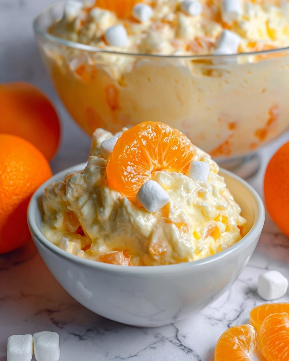 The image shows a creamy orange salad served in a clear glass bowl on a white marbled surface. The salad has three main layers: a thick, smooth, light orange base mixed with small white pieces, a middle layer of bright orange mandarin slices with a shiny, juicy texture, and scattered small white marshmallows on top. In the background, a white bowl filled with whole mandarin oranges is visible. A spoon with a close-up of a scoop of this salad, showing the creamy texture and mandarin pieces, is held by a woman's hand. photo taken with an iphone --ar 4:5 --v 7