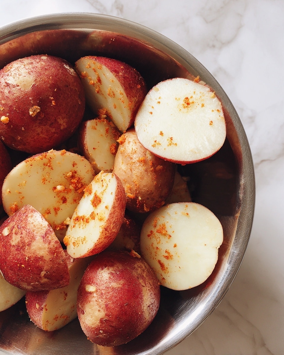 A metal bowl holds several red potatoes, some whole and some cut in half, showing their creamy white inside. The potatoes are lightly coated with a mix of spices that add tiny orange and brown specks on their surface. The background is a white marbled texture. photo taken with an iphone --ar 4:5 --v 7