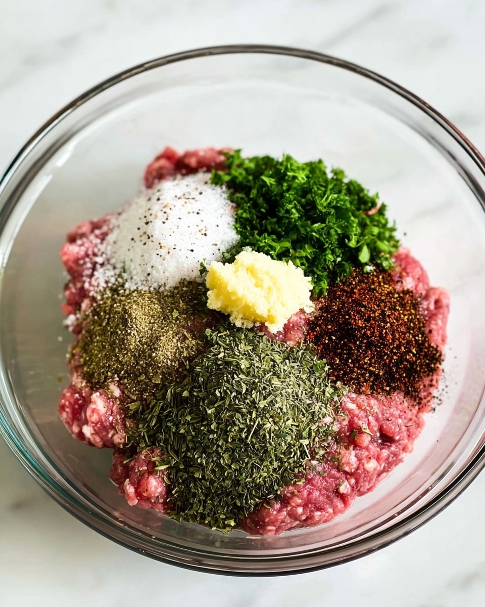 A clear glass bowl sits on a white marbled surface, filled with several layers of ingredients separated without mixing. The base layer is pink raw ground meat, topped by distinct piles of green chopped herbs, a mound of coarse white salt, a yellowish butter dollop sprinkled with black pepper, a heap of dark red spice, and a pile of dried green herbs. The colors and textures create a contrast in the bowl showing freshness and variety photo taken with an iphone --ar 4:5 --v 7