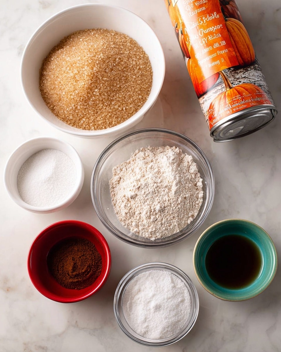 The image shows six bowls and a can arranged on a white marbled surface. At the top center, there is a white bowl filled with light brown coarse sugar crystals. Below it in the center, a clear glass bowl holds a light tan powdery flour mix. To the left, a small white bowl contains a small amount of white powder, possibly baking powder or salt. Below it is a small red bowl filled with dark brown cinnamon powder. To the right, a small green bowl has a dark amber liquid, likely vanilla extract or syrup. Below the glass bowl in the center, a small clear glass bowl has white powder, possibly powdered sugar or cornstarch. On the top right, a tall can with an orange label showing pumpkins and text is partly visible. All items are neat and spaced evenly across the surface. Photo taken with an iphone --ar 4:5 --v 7