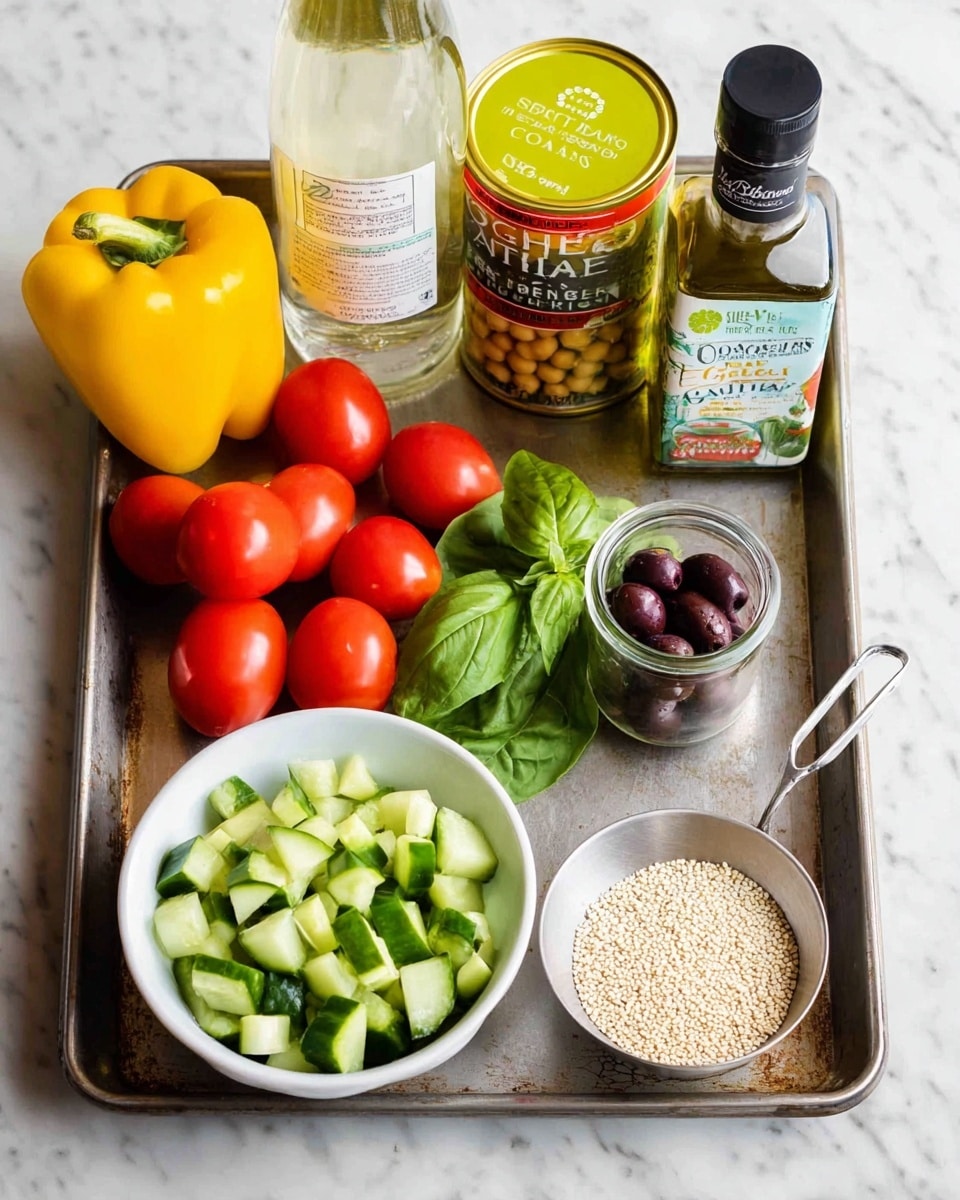 The image shows a metal tray on a white marbled surface filled with fresh cooking ingredients arranged neatly. On the left, bright red grape tomatoes sit next to a whole yellow bell pepper, with several green fresh basil leaves scattered around. At the center, there is a can of organic garbanzo beans and a bottle of extra virgin olive oil behind it. To the right of the can, there is a jar of organic Kalamata olives. In the front right corner, a white bowl holds chopped green cucumber pieces. A half-full metal measuring cup with white quinoa grains is placed next to the bowl. A clear bottle of white wine vinegar stands at the back left of the tray. photo taken with an iphone --ar 4:5 --v 7
