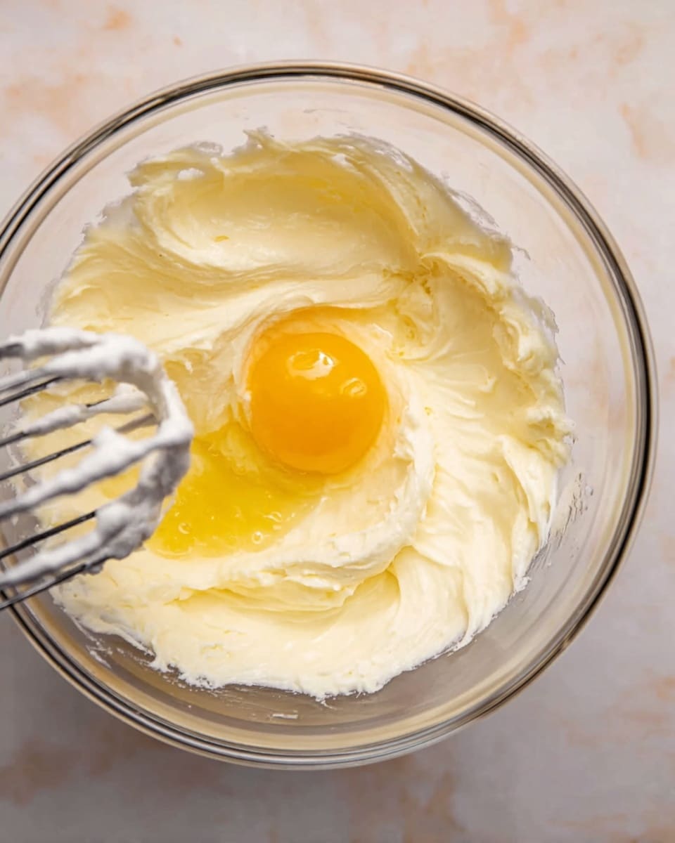 A clear glass bowl holds a creamy, light yellow mixture with a smooth texture. On top of the mixture, there is a raw egg yolk that is bright yellow and slightly glossy, resting in the middle. Part of a metal hand mixer is visible on the left side, covered with some of the creamy mixture. The bowl sits on a white marbled surface with soft, natural lighting highlighting the soft textures and colors. photo taken with an iphone --ar 4:5 --v 7