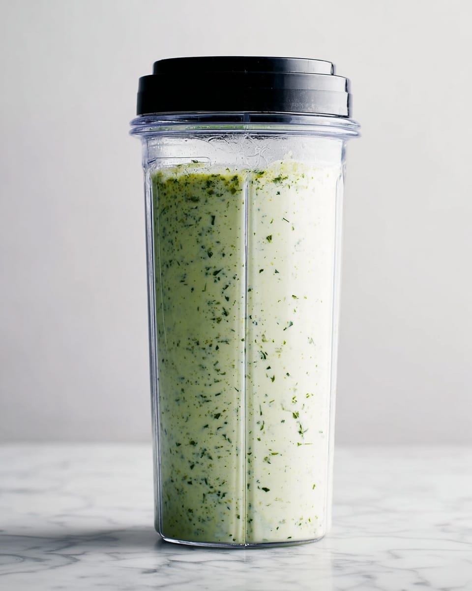 A clear tall blender container filled with a light green creamy sauce that has small dark green herb flakes throughout. The container is sealed with a black lid and stands upright on a white marbled surface, against a soft white background. The sauce’s texture looks smooth with finely blended herbs visible inside. photo taken with an iphone --ar 4:5 --v 7