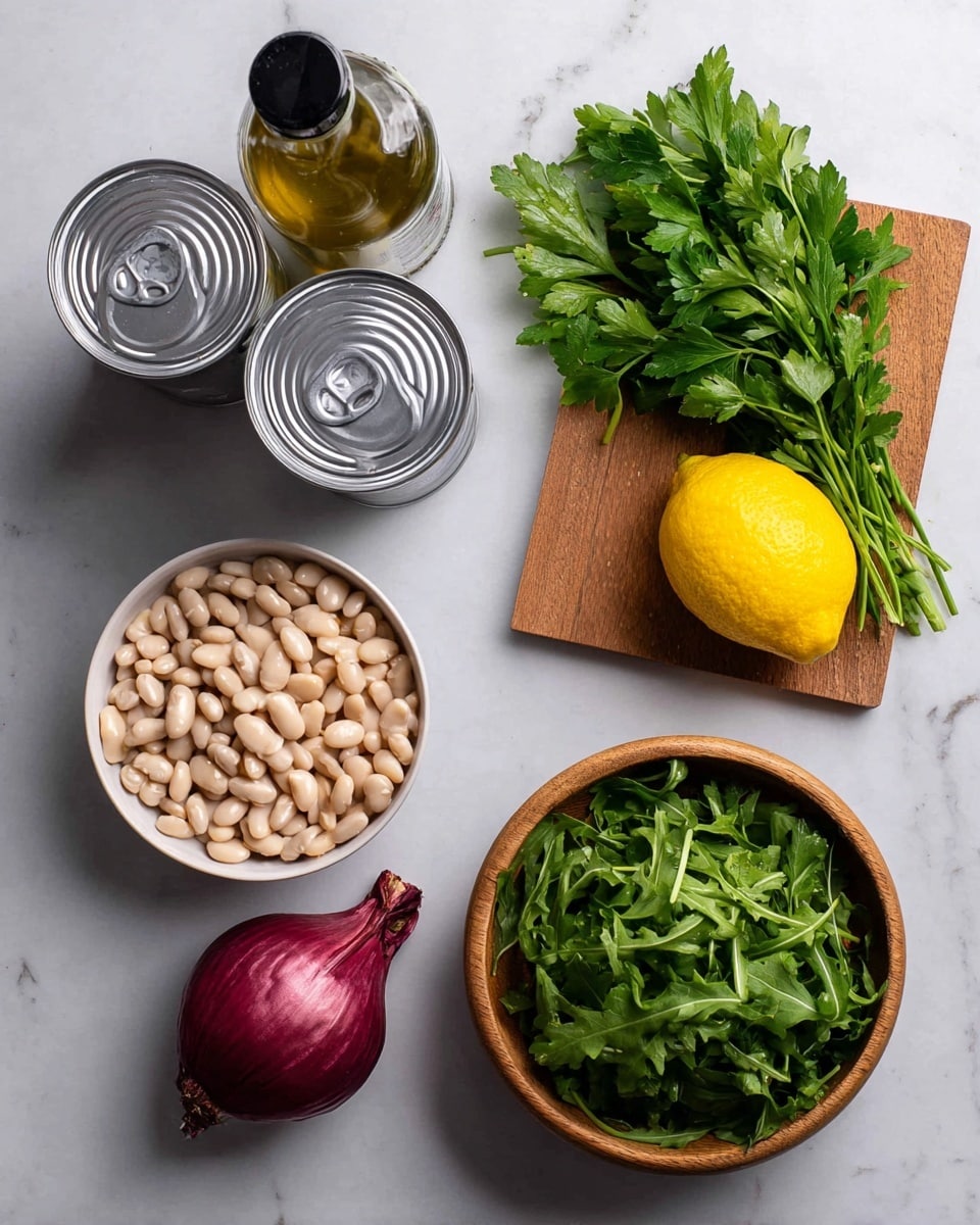 The image shows fresh ingredients arranged on a white marbled surface: a bunch of bright green parsley lying on a small wooden cutting board at the top right, a whole yellow lemon below it, two closed silver cans in the center, a bottle with a black cap at the top left, and a whole red onion below it. At the bottom left, there is a white bowl filled with white beans, and next to it on the right, a wooden bowl filled with fresh green arugula leaves. The colors are natural and vibrant, presenting a fresh, clean look perfect for a healthy recipe photo taken with an iphone --ar 4:5 --v 7
