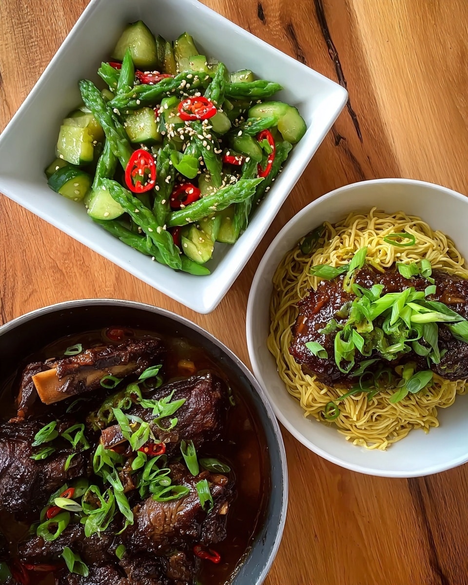 The image shows three dishes on a wooden table. The top dish is a white square bowl filled with bright green asparagus pieces mixed with sliced cucumbers, red chili slices, and sprinkled with white sesame seeds. To the right is a white round bowl containing yellow noodles topped with two large pieces of dark brown meat garnished with chopped green onions. At the bottom left is a dark pan with several pieces of dark, cooked ribs in a rich, dark sauce, also topped with sliced green onions. The dishes have a fresh and colorful look. Photo taken with an iphone --ar 4:5 --v 7