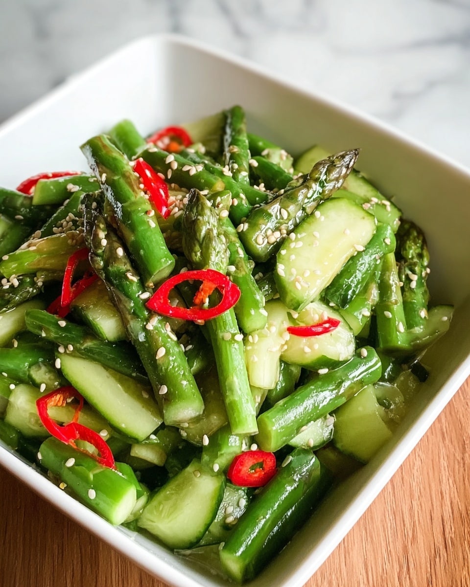 A white square bowl filled with a green salad consisting of bright green asparagus pieces cut into small sticks and slices of pale green cucumber. Thin red chili rings are scattered evenly on top, adding a pop of color. The salad is sprinkled with small, off-white sesame seeds covering the vegetables. The bowl sits on a wooden surface next to a white marbled background. photo taken with an iphone --ar 4:5 --v 7