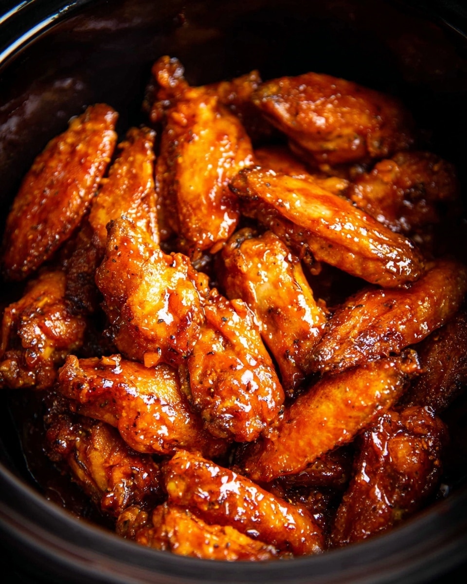 A round black pot filled with many cooked chicken wings, each wing covered with a shiny reddish-brown sauce that looks thick and sticky, giving the wings a glossy surface. The wings overlap each other with some wings showing a smooth texture while others have small crispy details. The inside of the pot is dark, making the warm colors of the wings stand out. Photo taken with an iphone --ar 4:5 --v 7