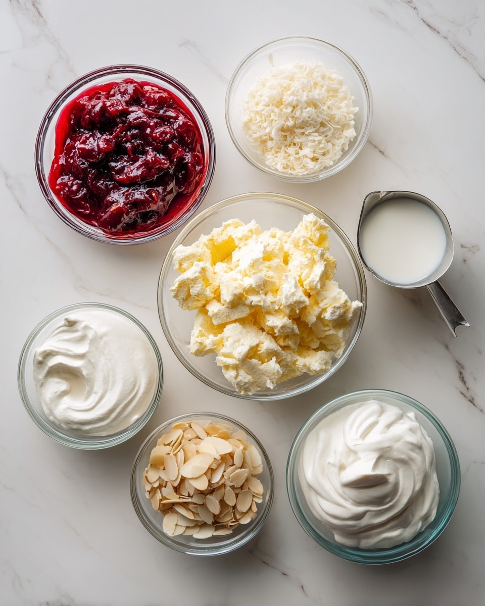 The image shows six transparent glass bowls arranged on a white marbled surface. In the center is a bowl filled with roughly chopped yellow and white cake pieces. Surrounding it, starting from the top left and moving clockwise, are bowls containing bright red cherry pie filling, white cream in a small measuring cup, slivered almonds, thick white whipped cream, and powdered sugar. There is also a larger bowl of smooth white whipped cream on the left side. The bowls hold different textures, from soft and fluffy cream to firm cake pieces and smooth cherry filling. photo taken with an iphone --ar 4:5 --v 7