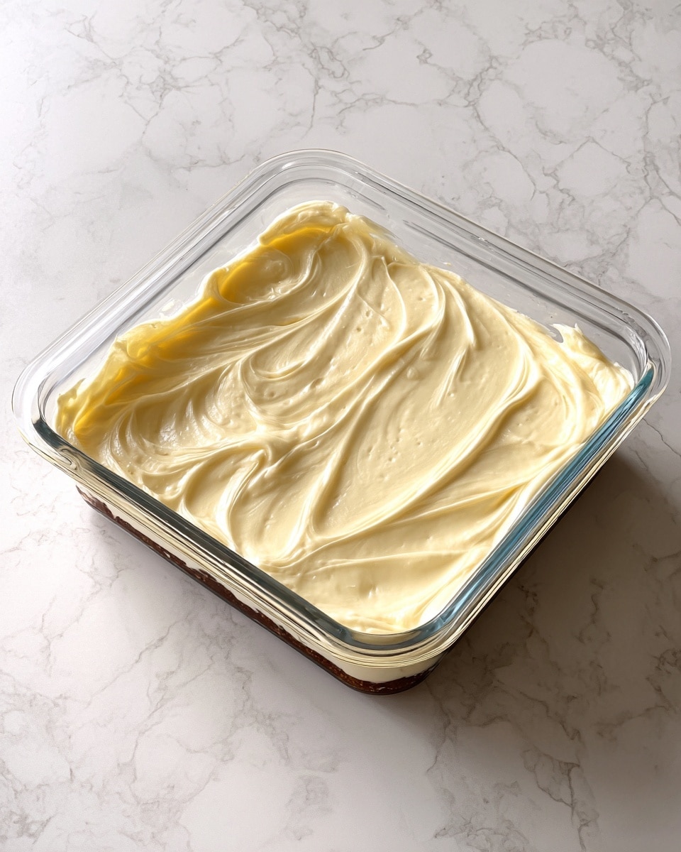 The image shows a glass square dish filled with a creamy light yellow layer spread evenly on top with some textured swirls visible, covering what appears to be a darker base layer that is slightly peeking through near one edge. The dish sits on a white marbled surface, and the top layer looks smooth but with slight unevenness from the spreading motion. photo taken with an iphone --ar 4:5 --v 7