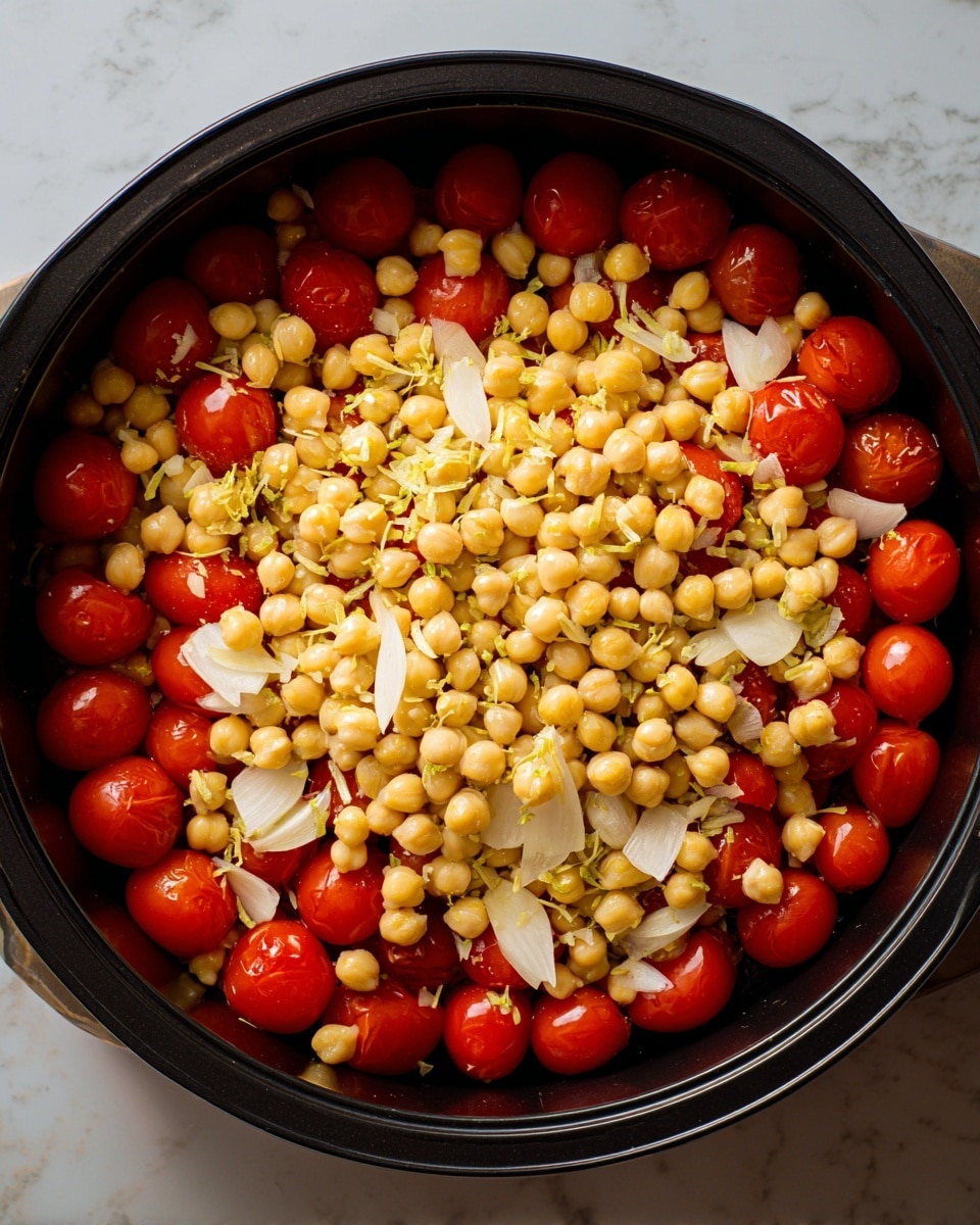 Inside a black baking pan, there are two main layers. The bottom layer is made up of bright red cherry tomatoes spread evenly around the edges. On top of that, there is a thick layer of light yellow chickpeas piled mostly in the center. Scattered over the chickpeas are thin slices of white garlic with a slight green tint on some edges. The pan sits on a white marbled surface. photo taken with an iphone --ar 4:5 --v 7