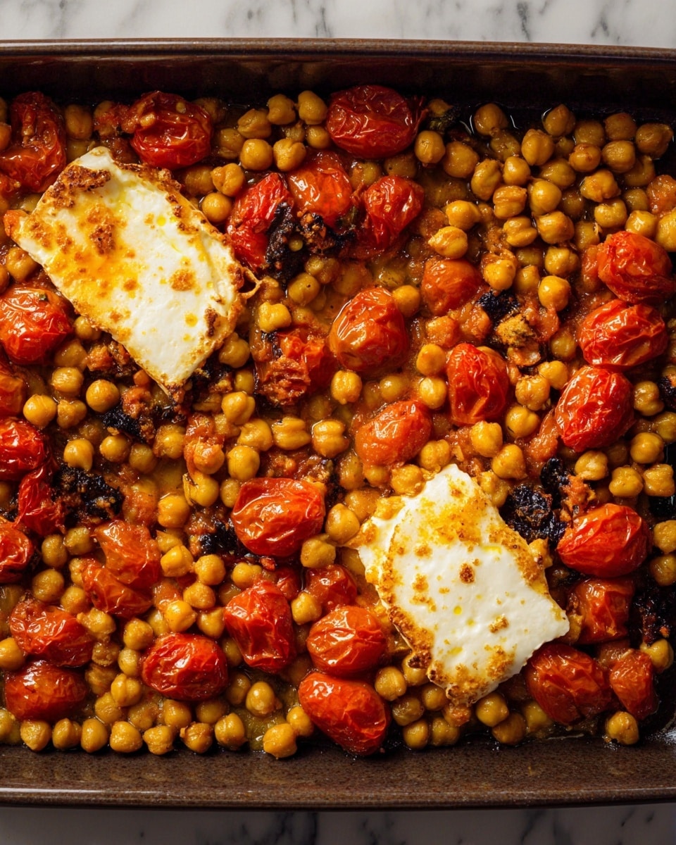 A dark rectangular baking dish filled with a single layer of golden brown roasted chickpeas mixed evenly with bright red roasted cherry tomatoes, some with dark charred spots. On top, there are two unevenly shaped, slightly browned white blocks of melted cheese, one placed toward the upper left and the other toward the lower right of the dish, adding texture contrast. The background surface is a white marbled texture. photo taken with an iphone --ar 4:5 --v 7