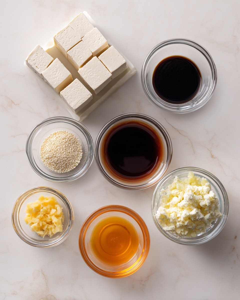 The image shows ingredients neatly arranged on a white marbled surface. There is a block of tofu cut into nine square pieces on its packaging in the top left corner. Around it, there are five small clear glass bowls: one with dark soy sauce at the top center, one with orange-brown liquid below it, one with golden liquid to the right, one with white sesame seeds at the bottom left, and two bowls with finely chopped yellow ginger and minced white garlic at the top right. The arrangement is clean and organized, with each bowl's contents clearly visible photo taken with an iphone --ar 4:5 --v 7