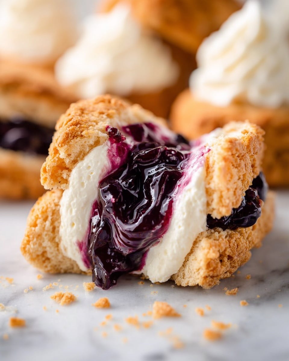 The image shows a close-up of a biscuit cut in half, revealing three main layers: the outer biscuit layer which is golden brown and crumbly, a thick middle layer of white creamy cheese, and a top layer of dark purple-blueberry jam that is glossy and slightly swirled into the cheese. The biscuit is placed on a white marbled surface with some crumbs around it, and in the background, there are more whole biscuits topped with dollops of white cream, slightly blurred. The texture of the biscuit looks crunchy, contrasting with the smoothness of the creamy cheese and the shiny jam. photo taken with an iphone --ar 4:5 --v 7