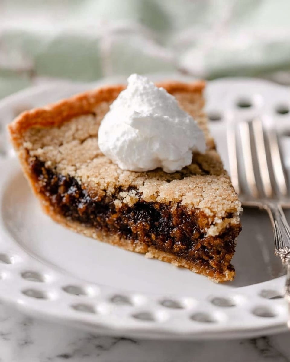 A single slice of pie sits on a white decorative plate with holes around the edge. The pie has two layers: the bottom layer is a dark brown filling with a crumbly texture, and the top layer is a lighter brown crust that looks cracked and dry. On top of the pie slice, near the center, there is a dollop of white whipped cream. A silver fork is placed behind the plate on a white marbled surface. Photo taken with an iphone --ar 4:5 --v 7