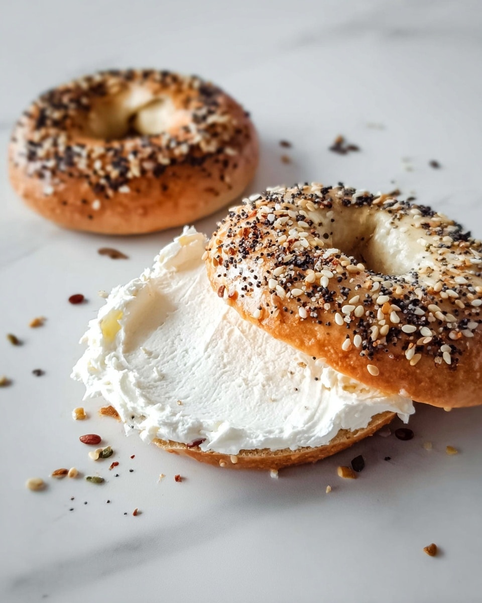 Five round bagels sit on a white marbled surface, each with a golden-brown crust topped thickly with a mix of white sesame seeds and black seeds sprinkled all over. The bagels have a slightly shiny, baked texture with small cracks and light browning on the edges. They are arranged close together, some slightly overlapping, showing their soft, pale interior visible through the central holes. Photo taken with an iphone --ar 4:5 --v 7