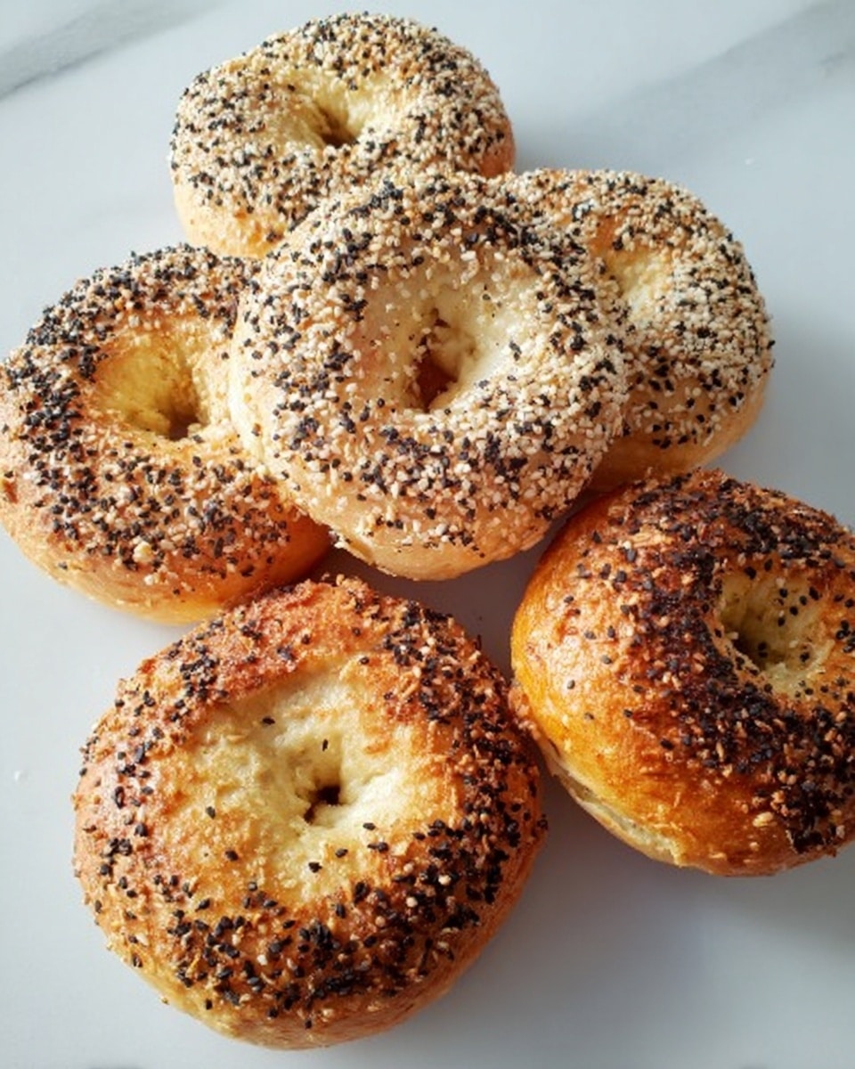Two bagels with seasoning on top are placed on a smooth white marbled surface, with one bagel whole and out of focus in the background. The bagel in the front is sliced in half; the bottom half is covered with a thick, even layer of white cream cheese that has a soft, smooth texture. The top half, positioned slightly tilted on the right side of the bottom half, shows a golden-brown crust with a mix of black and white sesame seeds along with other small seeds. Some scattered seeds are visible around the bagels on the white marbled surface. Photo taken with an iphone --ar 4:5 --v 7