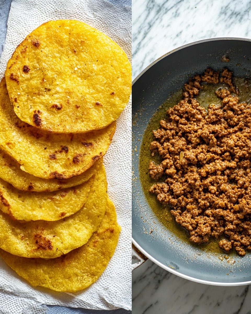 The image shows two parts: on the left, there are five round, golden yellow flat tortillas stacked slightly unevenly on a white paper towel, with slight bubbles and texture on their surface. The tortillas have a crispy look with brown spots. On the right, there is a non-stick pan with browned ground meat spread around, showing some oil and juices, with a slightly rough texture. The pan is placed on a white marbled surface. Photo taken with an iphone --ar 4:5 --v 7