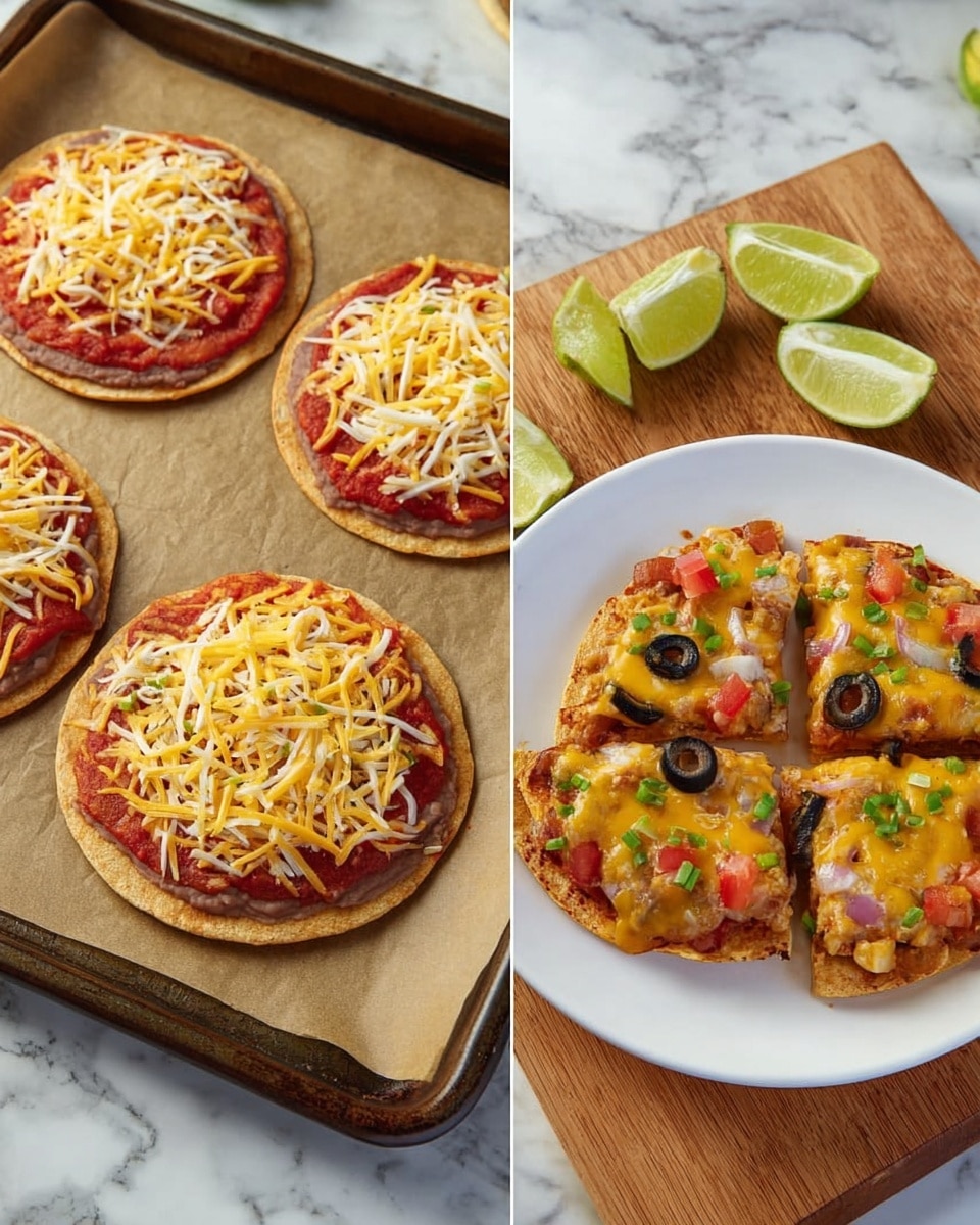 The image shows small layered tostadas displayed in two scenes. On the left, three uncooked tostadas are on a baking tray with brown parchment, each having three layers: a crisp round tostada shell at the bottom, a grayish layer of refried beans spread evenly, topped with bright red tomato sauce and a thick heap of shredded pale yellow cheese. On the right, two cooked tostadas are seen; one is whole on a white plate resting on a white marbled surface, and the other is sliced into four pieces on a wooden board. Both have three layers: toasted golden-brown shells, melted yellow cheese with hints of orange, diced red tomatoes, sliced black olives, and chopped green onions scattered on top. Lime wedges accompany the wooden board with sliced tostadas. Photo taken with an iphone --ar 4:5 --v 7