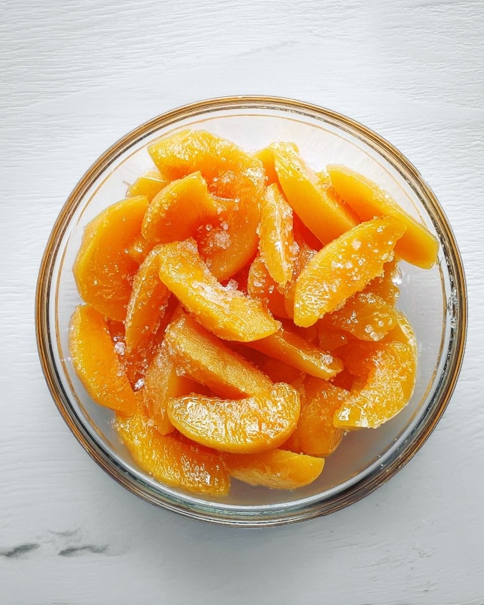A clear glass bowl filled with bright orange peach slices that appear juicy and slightly shiny, some pieces showing a bit of soft texture with sugar crystals sprinkled on top, placed on a white marbled surface. photo taken with an iphone --ar 4:5 --v 7