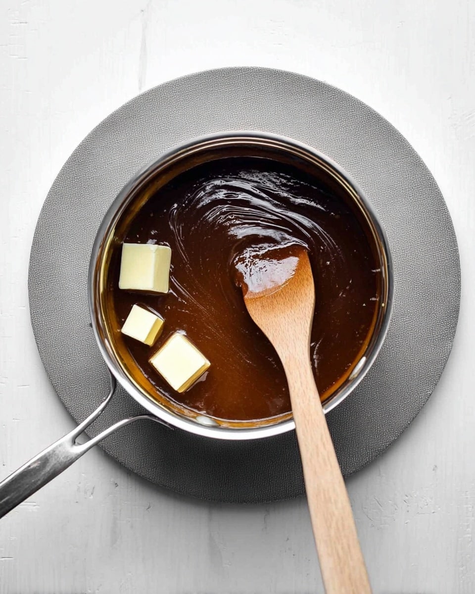 A small round metal pan sits on a round gray mat over a white marbled surface. Inside the pan is a thick, dark brown glossy sauce being stirred by a wooden spatula with a smooth texture. There are three small white cubes of solid butter melting into the sauce on the left side near the spatula. The sauce looks rich and smooth, with slight swirls from stirring. photo taken with an iphone --ar 4:5 --v 7