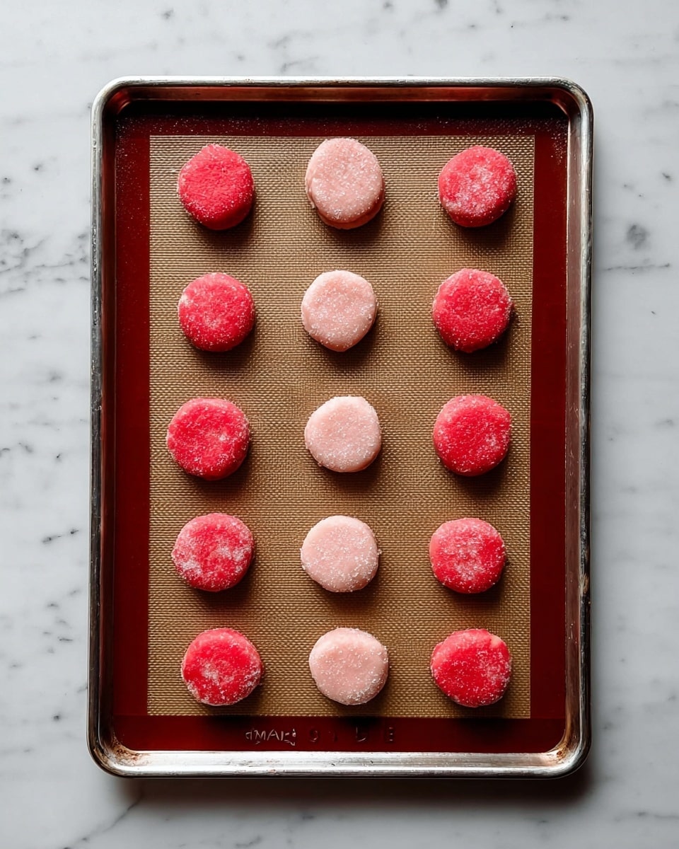 Twelve round cookie dough pieces are arranged in a 4 by 3 grid on a rectangular metal baking tray lined with a brown silicone mat. The dough pieces alternate in color between bright red and pale pink, each with a slightly rough texture and a light coating of sugar crystals. The tray sits on a white marbled surface, and the overall scene is well lit from above, showing the contrast between the two dough colors and the smooth metallic edges of the tray. Photo taken with an iphone --ar 4:5 --v 7