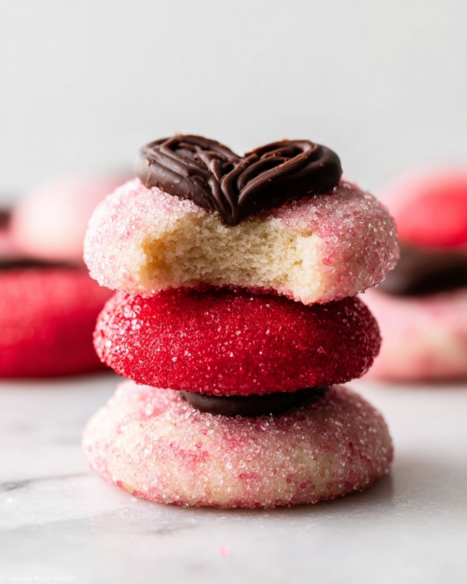 A stack of three round sugar cookies is shown on a white marbled surface. The bottom cookie is light pink with large sugar crystals giving a sparkly texture. The middle cookie is bright red, also covered in large sugar crystals. The top cookie is again light pink and has a slightly bitten top layer revealing a soft, pale inside. On top of this cookie is a thick layer of dark chocolate shaped with a heart pattern. The background is plain white, and there are parts of more cookies blurred in the background. photo taken with an iphone --ar 4:5 --v 7