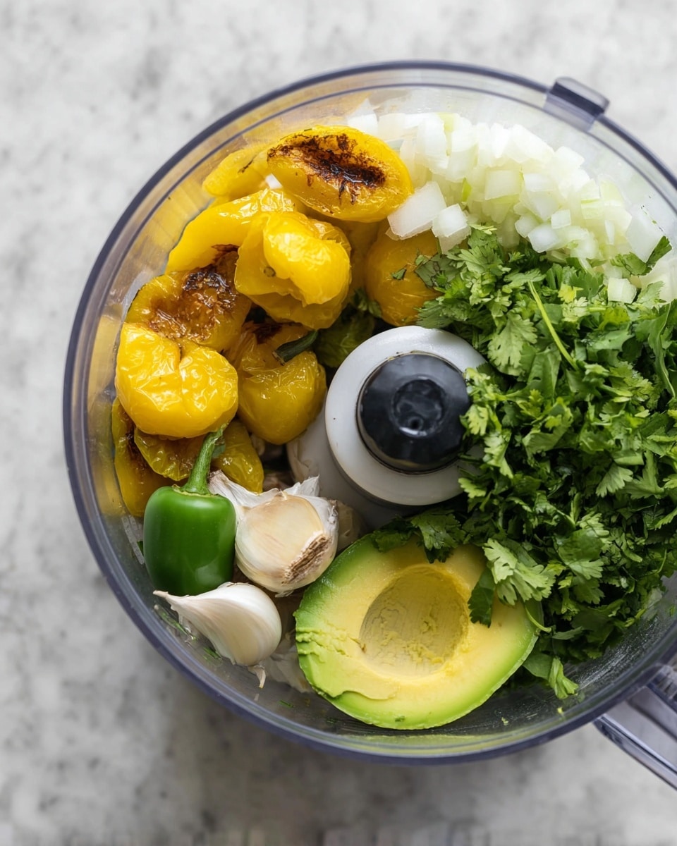 A clear food processor bowl filled with fresh ingredients arranged in layers: shiny, roasted yellow peppers with some char marks sit on top, beside a pile of small, finely chopped white onion pieces on the right; below them, bright green cilantro leaves and parsley are gathered in a bunch, with a whole peeled garlic clove near the bottom left; there is a sliced green chili pepper in the lower center, and on the right, a halved avocado with its smooth, light green flesh visible. The processor blade sits in the middle. All of this is placed on a white marbled surface. Photo taken with an iphone --ar 4:5 --v 7