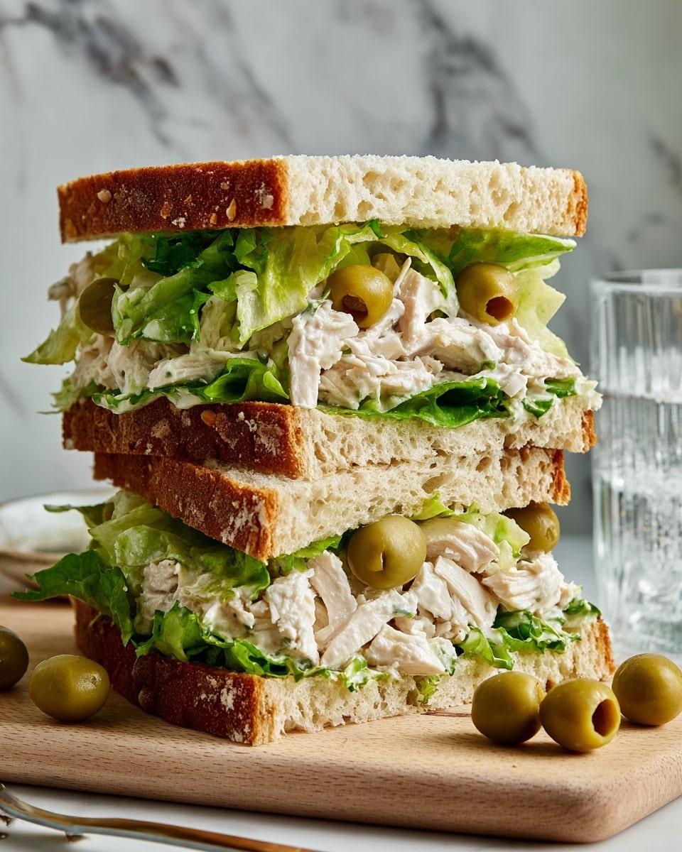 A sandwich is stacked in two layers on a light wooden board. The bottom layer has a thick slice of light brown bread with rough crust. On top of it, there is a layer of green leafy lettuce followed by pieces of white chicken meat with a creamy texture. There are sliced green olives scattered inside the sandwich and on the board. The top layer has another thick slice of the same light brown bread, with the chicken, lettuce, and olives visible between the slices. The background has a white marbled surface and a clear glass of water in the back right corner. Photo taken with an iphone --ar 4:5 --v 7