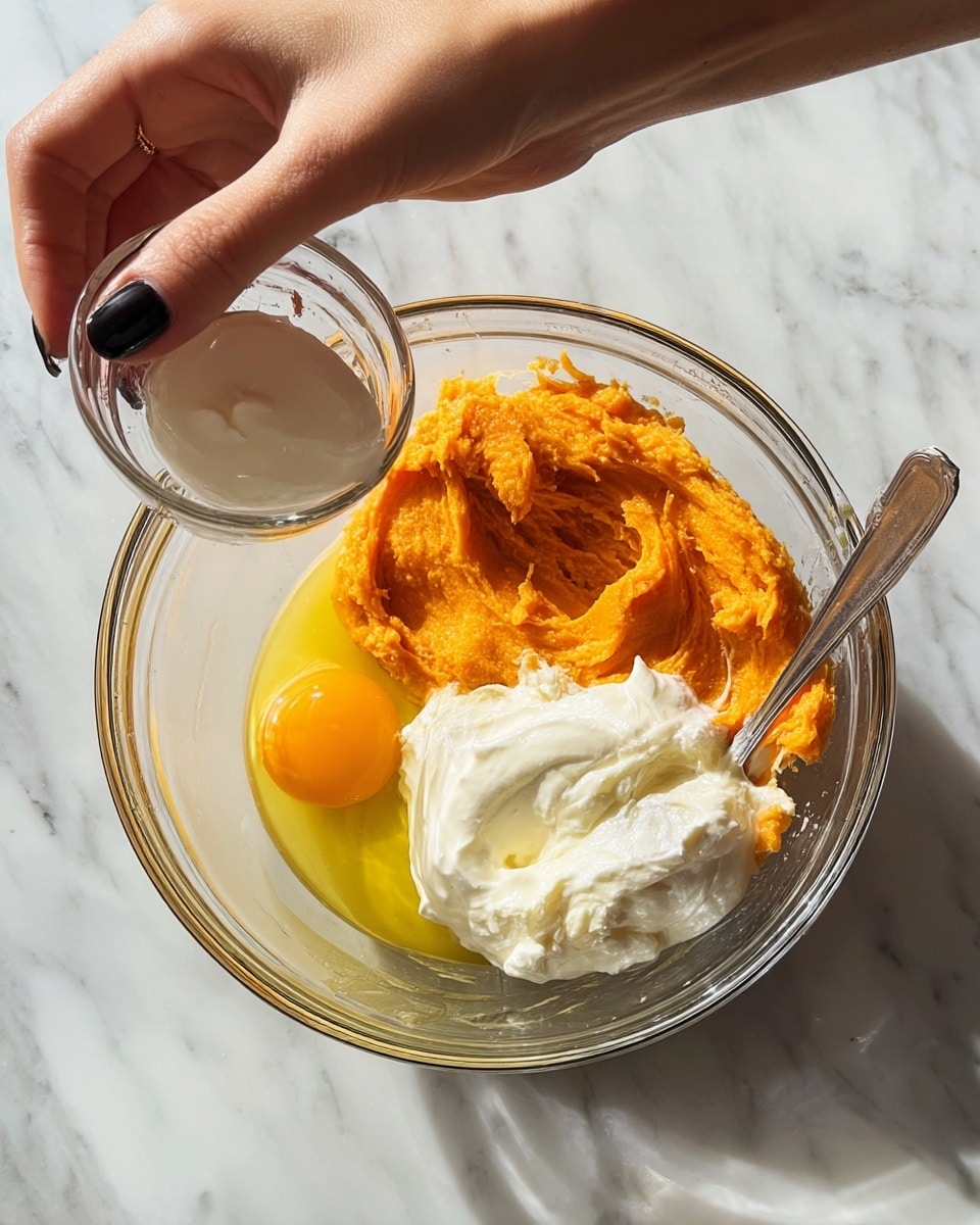 A clear glass bowl sits on a white marbled surface, holding three visible layers: a raw egg with a bright yellow yolk on the left, an orange mashed substance spread in the center and right, and white creamy yogurt being added on top. A woman's hand with black nail polish holds a small clear cup tilted, while another woman's hand stirs the yogurt into the bowl with a small silver spoon. The scene captures a close-up view of the mixing process. photo taken with an iphone --ar 4:5 --v 7