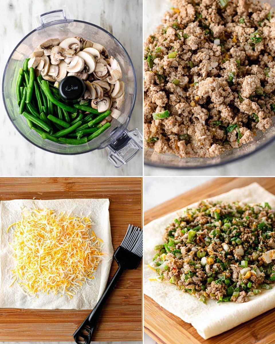 The image shows three steps of preparing a food wrap. The first part has a clear food processor bowl with three layers inside: the bottom layer is light brown cooked meat, the middle layer is beige sliced mushrooms, and the top layer is bright green sliced peppers and green beans. The second part shows the food processor bowl filled with finely chopped cooked meat mixed with small bits of green vegetables, all light brown and green. The third part shows a white square wrap on a wooden board topped with shredded yellow and white cheese and the chopped meat and vegetable mixture spread in the center. A black basting brush lies near the wrap with a white marbled background visible in the upper area. Photo taken with an iphone --ar 4:5 --v 7