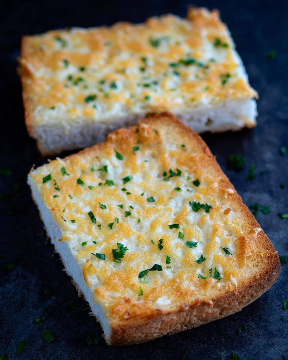 The image shows two rectangular pieces of toasted bread placed on a dark surface. Each bread piece has a golden-brown crust edge with a light, fluffy white center. On top of the bread, there is a layer of melted light yellow cheese sprinkled with small bits of green herbs, adding contrast and freshness. The texture of the cheese looks soft and slightly bubbly, covering the entire surface of the bread evenly. The background contrasts with the bread, making the colors of the bread and toppings stand out clearly photo taken with an iphone --ar 4:5 --v 7