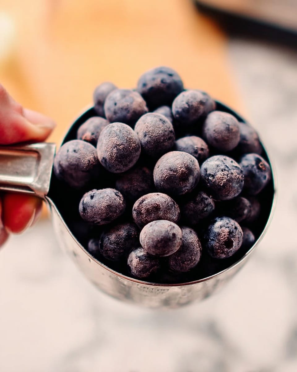 The image shows a purple smoothie in a clear round glass jar filled almost to the top with a frothy texture and small bubbles. A blue and white striped paper straw is placed inside the smoothie at an angle. The jar sits on a white marbled surface that also holds a white cloth with thin blue stripes partially under the jar. To the side, there is a small green carton filled with dark blue blueberries and a wooden scoop containing light beige rolled oats. Behind these items are three bright yellow bananas resting on the surface. photo taken with an iphone --ar 4:5 --v 7