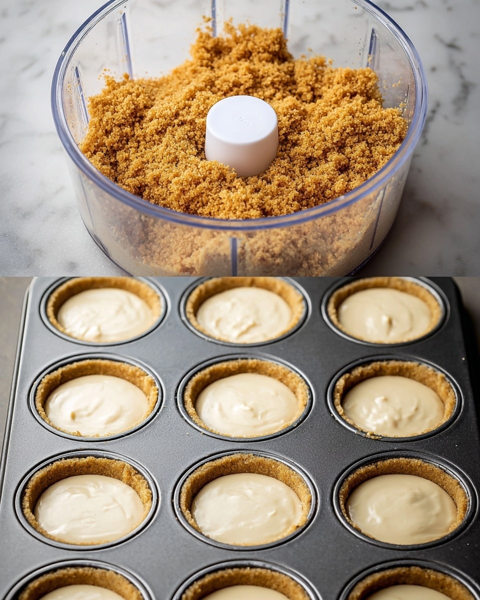 The first layer shows a clear food processor bowl filled with light brown, crumbly mixture piled around a white central blade piece. The second layer displays a silver muffin tray with twelve cups, each lined with a thin, even layer of the same crumbly mixture pressed into the bottom, forming a uniform base. In the third layer, the same silver muffin tray is filled with a smooth, light creamy batter evenly spread over the crumb base in all twelve cups, creating a solid, flat top layer. The background surface is a white marbled texture. photo taken with an iphone --ar 4:5 --v 7