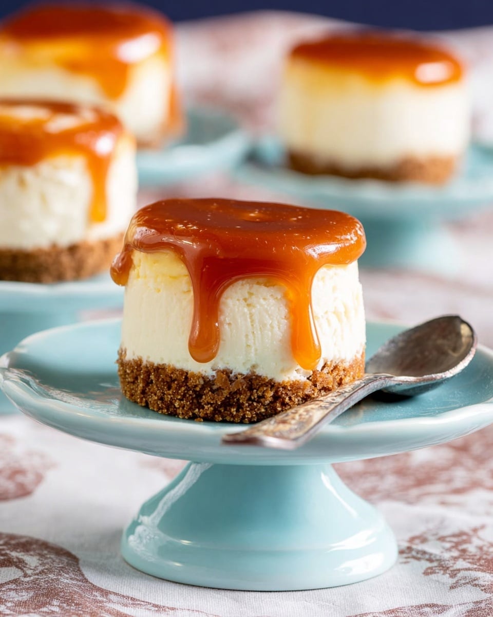 The image shows a small round dessert with three layers on a light blue pedestal cake stand against a white marbled background. The bottom layer is crushed brown biscuits forming a firm base, the middle layer is thick and creamy white cheesecake, and the top layer is a smooth, shiny caramel sauce that slightly drips over the edges. The dessert sits on a light blue plate on the stand, with a silver spoon lying beside it. In the background, there are blurred similar desserts on light blue cake stands. Photo taken with an iphone --ar 4:5 --v 7