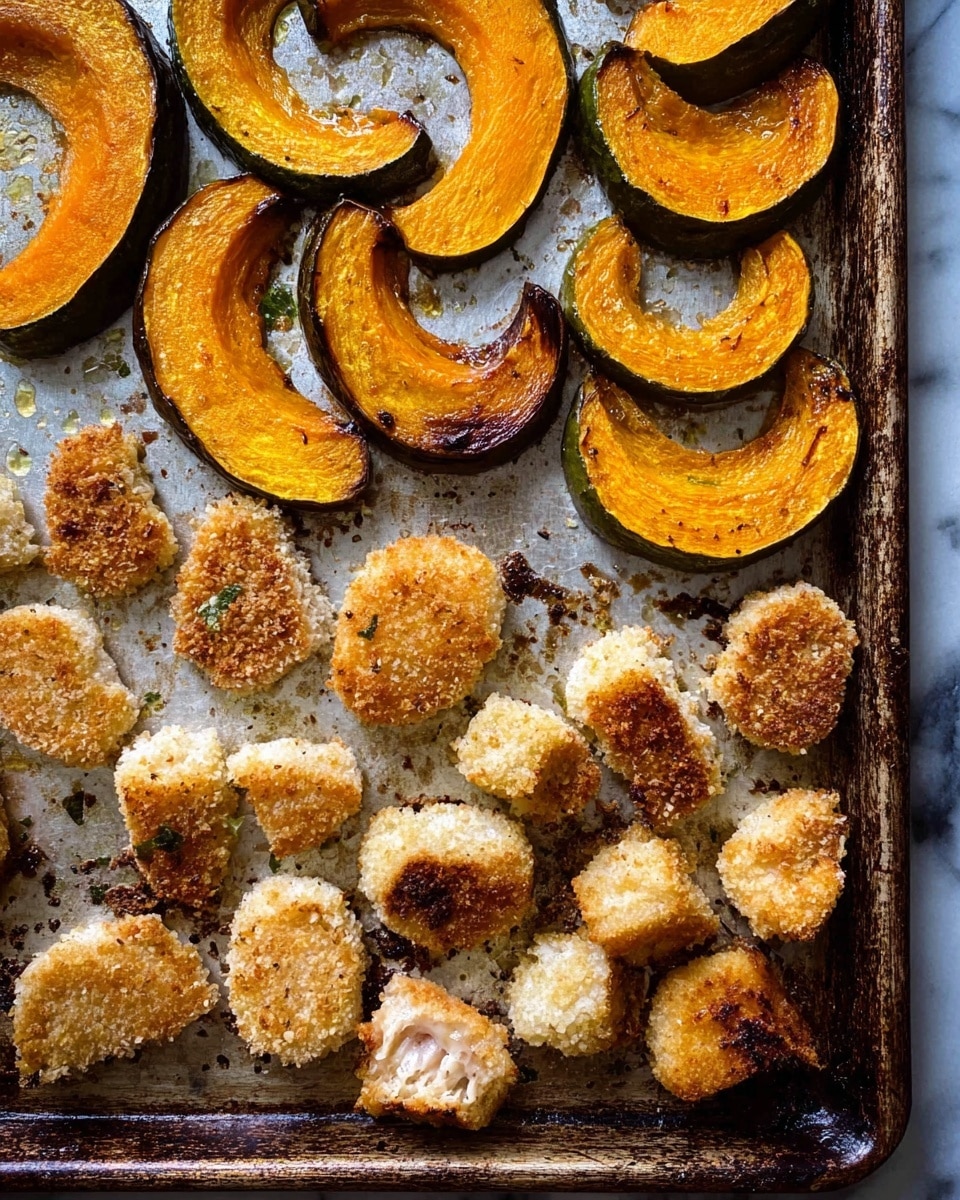 A baking sheet filled with two types of roasted food. The top half has large crescent-shaped slices of golden orange pumpkin with a slightly dark brown roasted edge and a firm texture, showing the green skin on the outer side. The bottom half is covered with small pieces of breaded food, round and irregular shapes in light golden brown color with a crunchy texture and some darker toasted spots. The metal baking sheet shows signs of use with brown spots on a white marbled surface. photo taken with an iphone --ar 4:5 --v 7